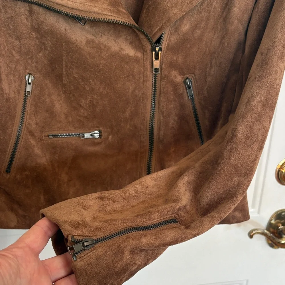 Olivaceous Brown Faux Suede Moto Jacket Size Large | Soft Zip-Up Biker Style - Picture 7 of 14